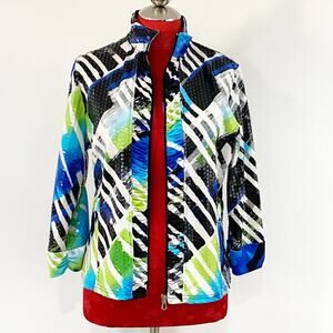 Perin London colorful casual sequins jacket zip front fluid blue black green mod